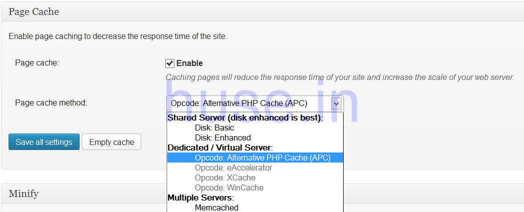 Alternative PHP Cache (APC)'yi sistemimize yüklediğimiz için seçenekler arasında aktif olacaktır. Page Cache bölümünden APC seçin.